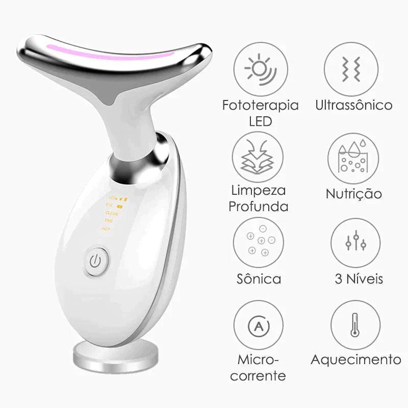 Massageador Facial com Led Terapia 3 em 1 - Rejuvenesce, Acaba com Manchas e Acnes, Impurezas e Papada